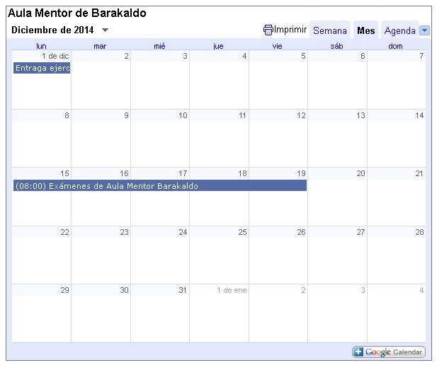 Calendario Actividades Aula Mentor Barakaldo